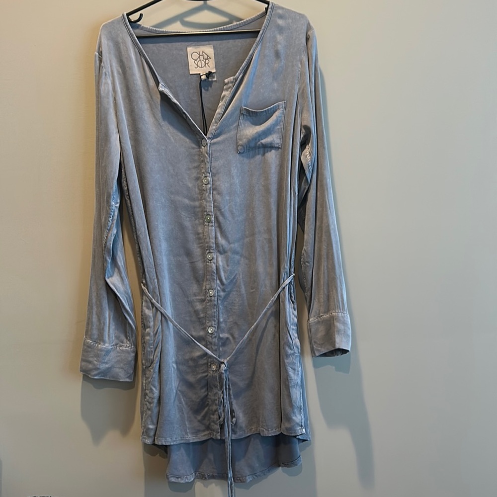 Chaser Light Blue Satin Button-Front Tunic Dress
